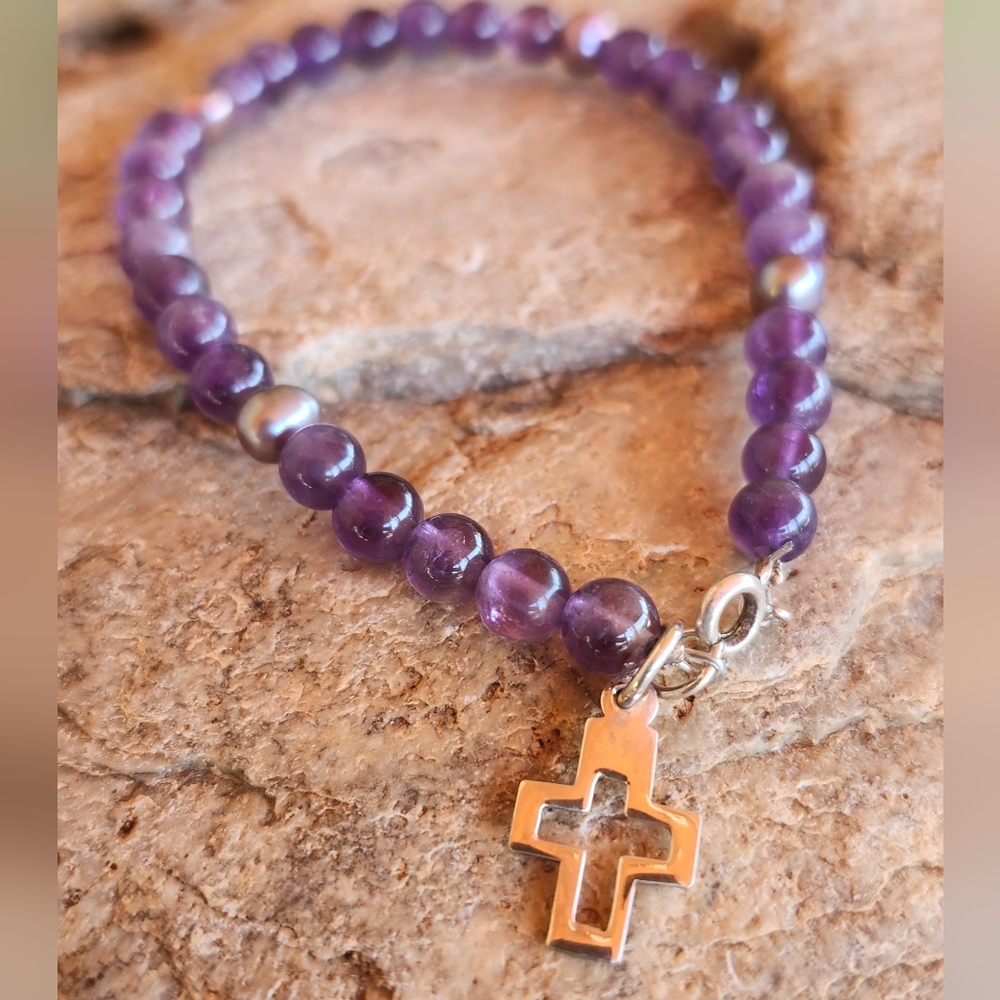 Sterling Silver AMETHYST Bead Charm Bracelet